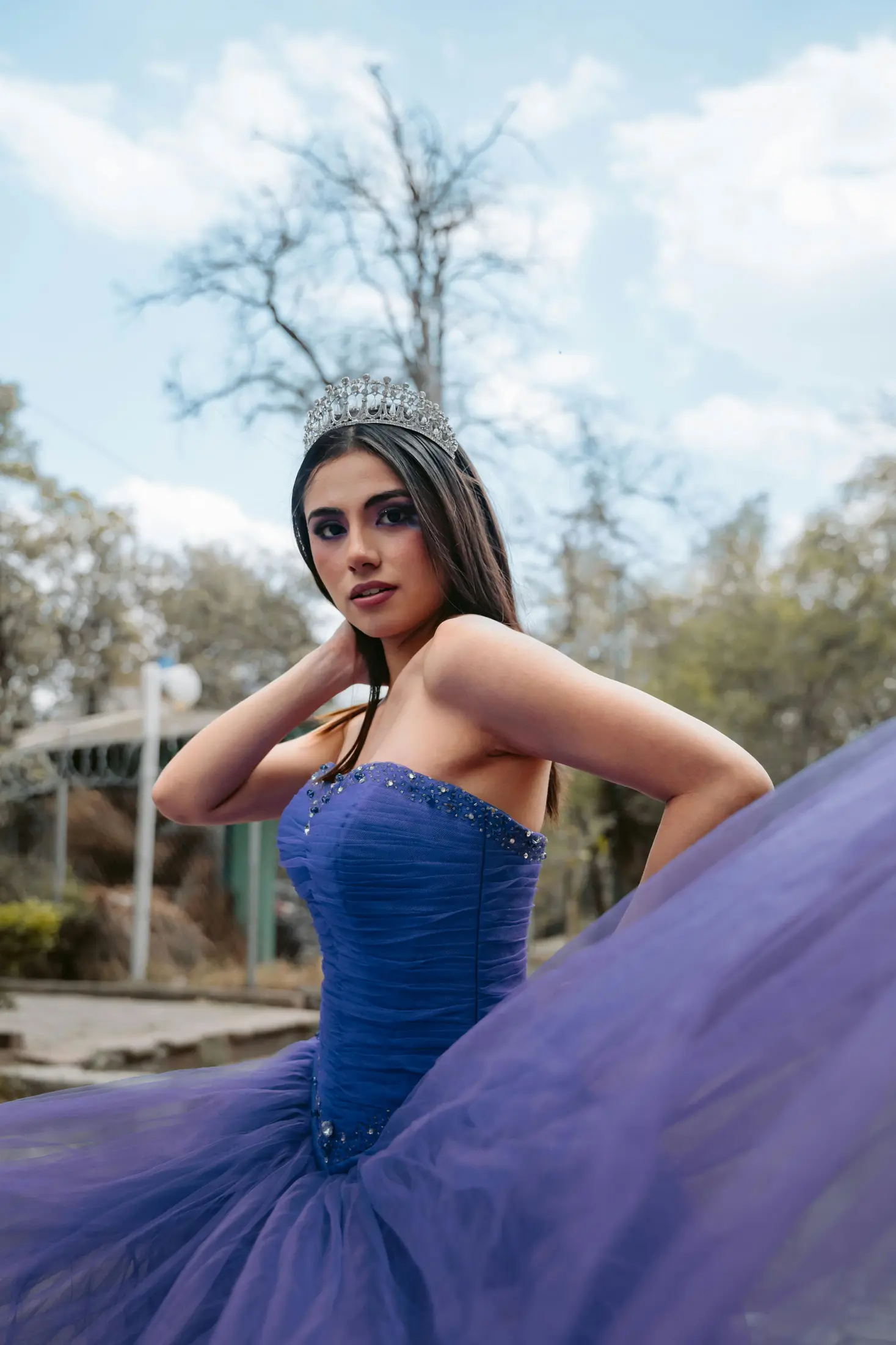 Model wearing a full purple prom dress